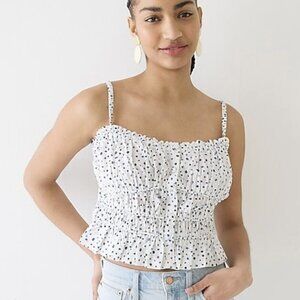 NEW J. Crew white cotton smocked peplum ruffle strap top, navy blue dot, XS or S